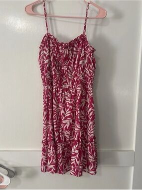 Pink and White Leaf-Print Spaghetti Strap mini Sundress vacation dress M